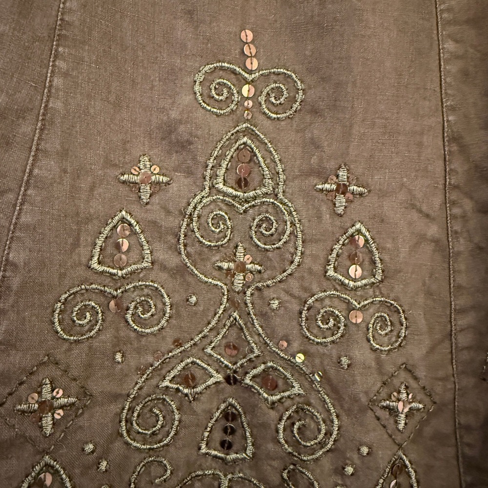 Vintage Brown Linen Embroidered Sequin Midi Skirt Fairy Grunge Boho 8‎